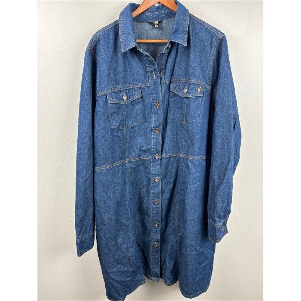 Frye Indigo Denim Shirt Dress 2X Duster Jacket pockets long sleeve blue plus